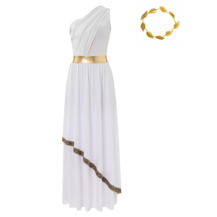 Women Halloween Ancient Greek Dress Ancient Greek Toga Costumes Robe One Shoulder Chiffon Overlay Tunic Dress with Headwear
