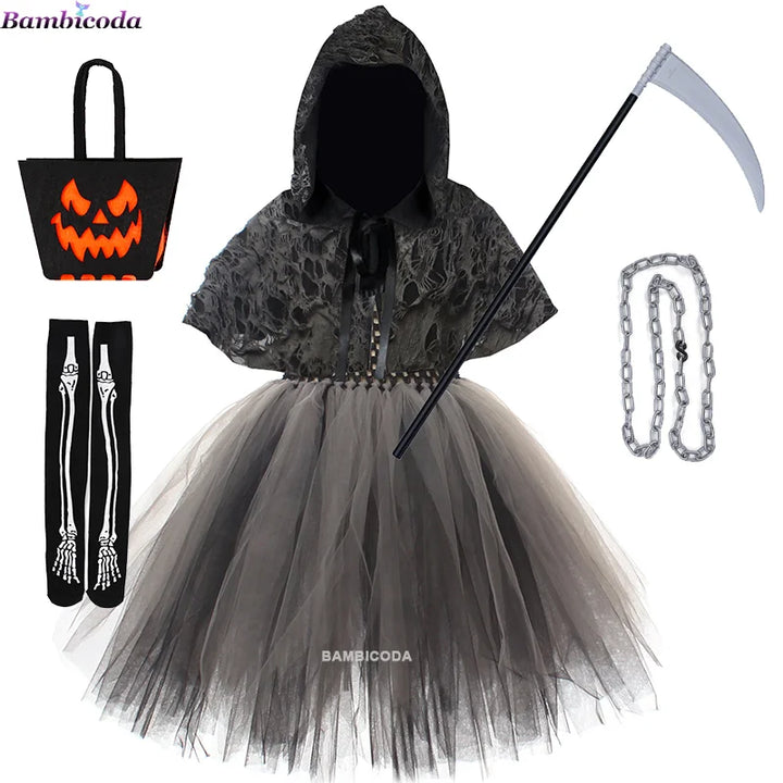Halloween Grim Dresses Horror Death Cosplay Black Cloak Costume kids Girls Party Clothes Halloween Dress Demon Ghosts Costume