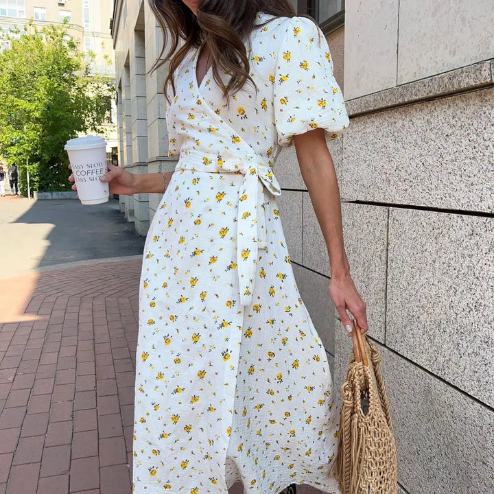 Bornladie Women Printed Lace Up D Short Sleeve Fashion Office Lady Long Dress 100% Cotton Daily Casual V-neck