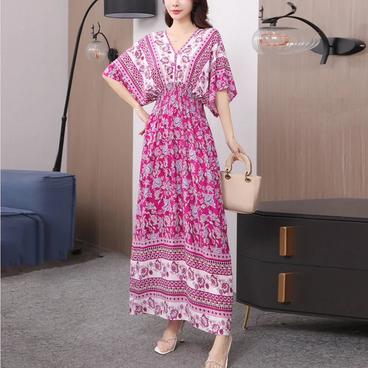 V-neck Large Skirt Hem Casual Sweet Long Dress Bat Sleeves Elastic Waist Bohemian Print Floral Elegant .