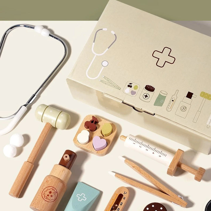 Children playing house simulation, doctors, nurses, stethoscopes, medical kits, syringes, toy sets, wooden boys and girls