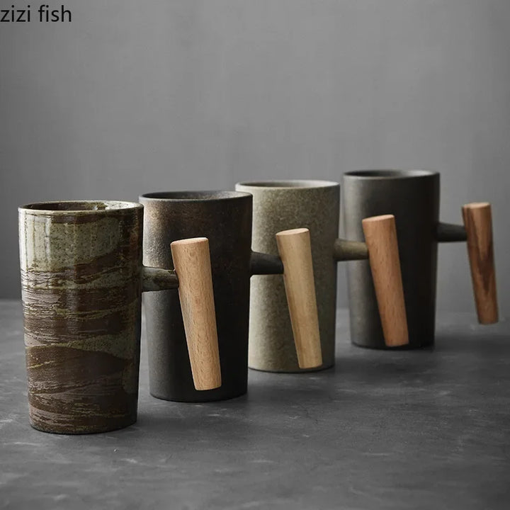 Ceramic Mug with Wooden Handle Coffee Cup Oatmeal Breakfast Cups Couple Water Cups Milk Mug Milk Tea Cup Juice Glasses Tea Mugs
