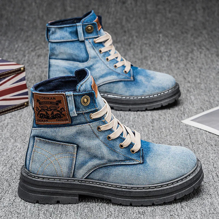 Retro Men's Platform Denim Boots High Quality Men Tooling Boots Fashion Trend Denim Versatile Casual Shoes High Top Working Shoe