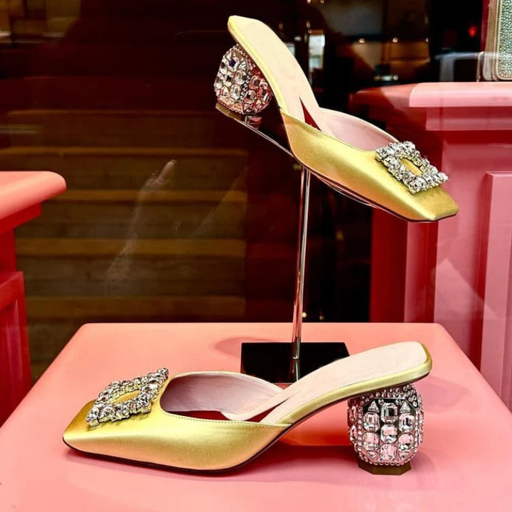 New Rhinestone Pumps Women Square Toe Slip-on Mules Female Crystal High Heels Women Dress Shoes Women sandalias de las mujeres