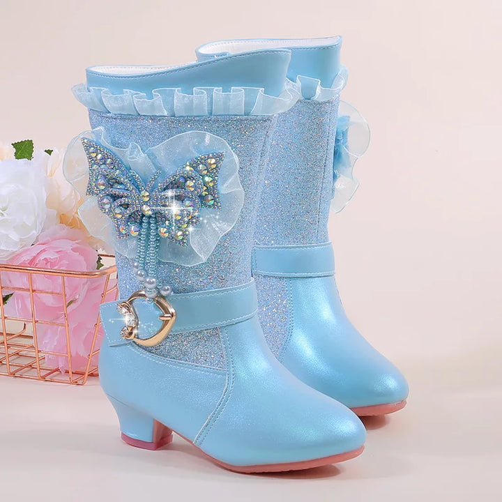 2025 Girls High Heel Boots Children's Sequins Rhindiamonds Butterfly-knot Princess Boots with Velvet Warm Mid-tube Kids Boots