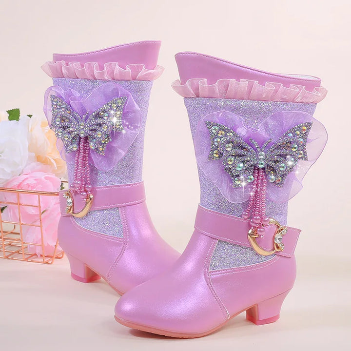 2025 Girls High Heel Boots Children's Sequins Rhindiamonds Butterfly-knot Princess Boots with Velvet Warm Mid-tube Kids Boots