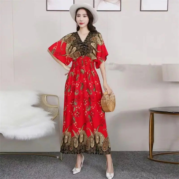 V-neck Large Skirt Hem Casual Sweet Long Dress Bat Sleeves Elastic Waist Bohemian Print Floral Elegant .