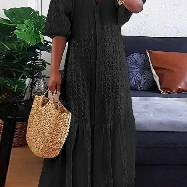 Fashion New Women's Pleated Dress V-neck Single Breasted Casual  Elegant Temperament Style Long Dress