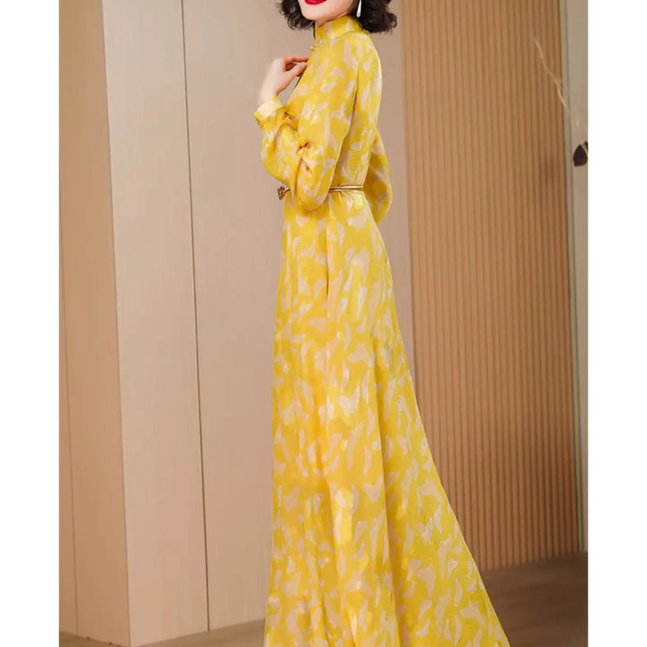 Jacquard Runway Dress Party Evening Long Sleeve Vintage Floral Yellow Long Dress Zipper Photography Occasion