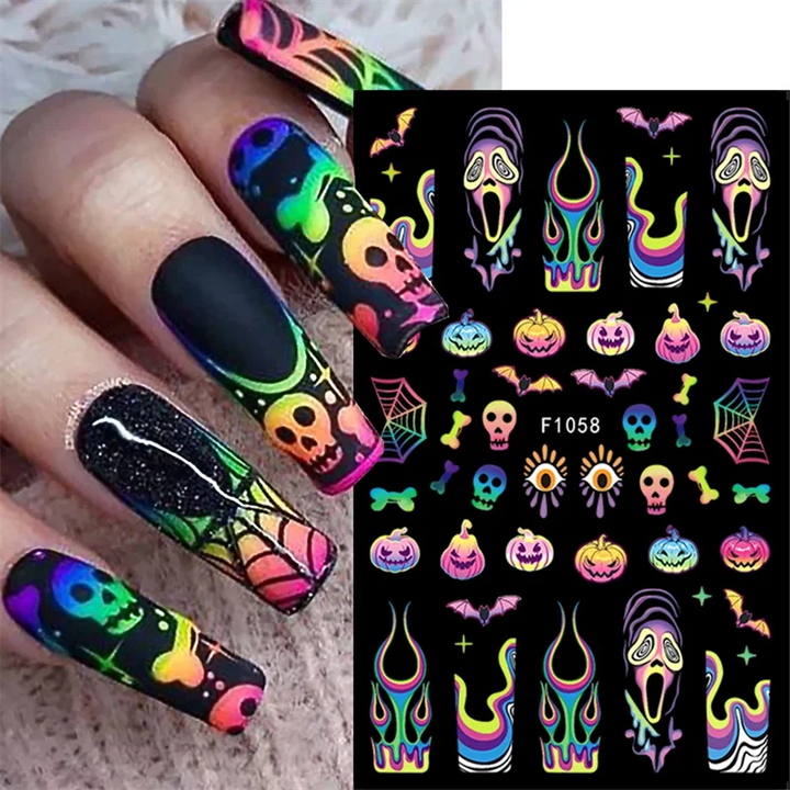 Halloween Nail Art Stickers Pumpkin Skull Cartoon Sticker For Women and Girls Press On Nails Decals Holloween Nail Art Supplies