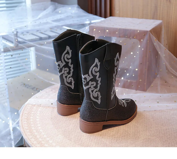 Girls Boots Toddler Snow Gear Mid Calf Glitter Western Cowboy Boot 2025 Autumn Big Kid Riding Girls Botas Size 27-36 Kids Shoes