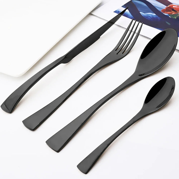 24Pcs Shiny Black Cutlery Set Stainless Steel Dinnerware Sharp Steak Knife Forks Coffee Spoons Tableware Kitchen Silverware Set