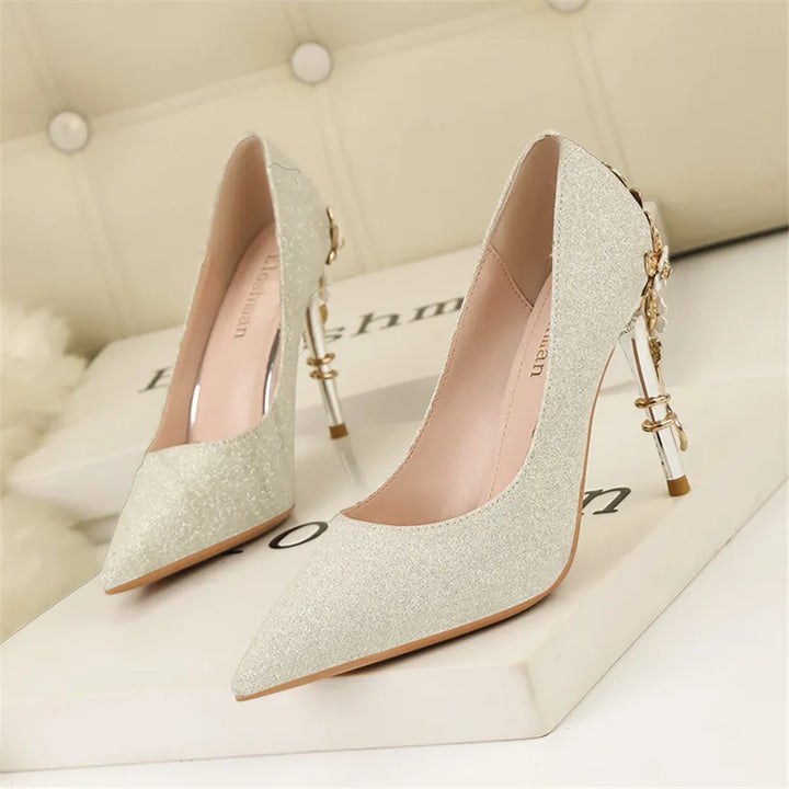 Light Luxury Sexy Women Dress Shoes 2025 Autumn Metal Flower Fashion High Heel Wedding White Pointed Sequins Shiny Female Pumps