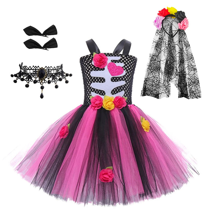 Halloween Kids Dress Cosplay Heart Print Skeleton Costumes Girls Floral Skull Tutu Clothes Children Carnival Performance Outfits