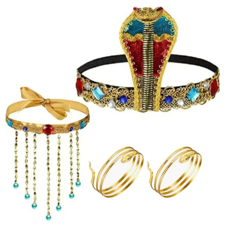 Halloween Egyptian Costume Accessories Egyptian Cobras Headpiece Beaded Tassels Necklace Decoration for Dressing Party