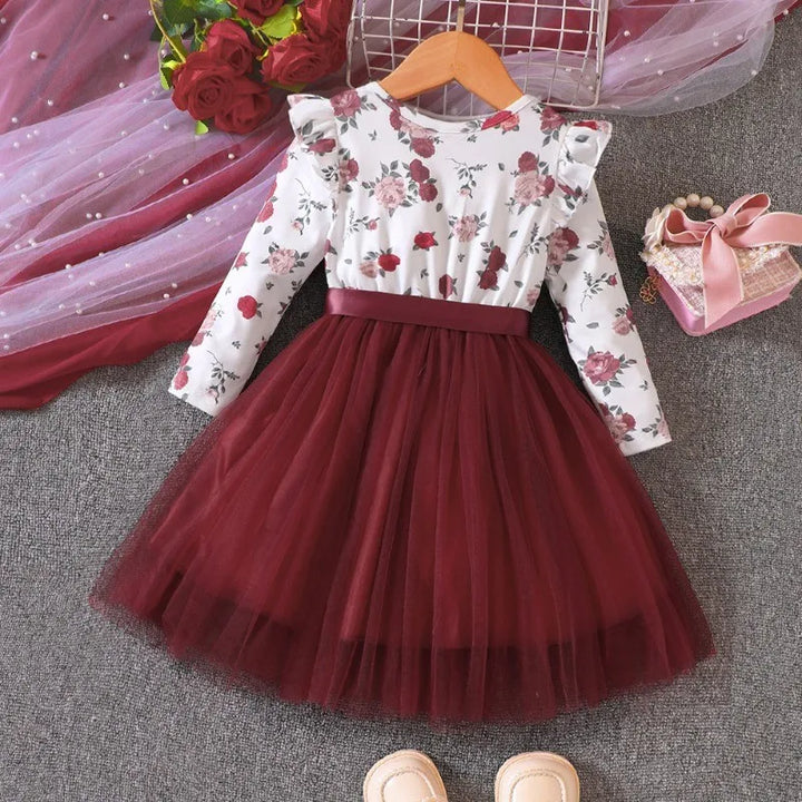 Casual Dresses for  Girls. New Spring and Autumn Fly Sleeve Long Sleeve Printed Mesh Dresses
