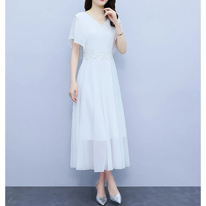 Long Elegant Dress White Chiffon /Black Butterfly Sleeve  Women Bodycon Chic Prom Night Dress