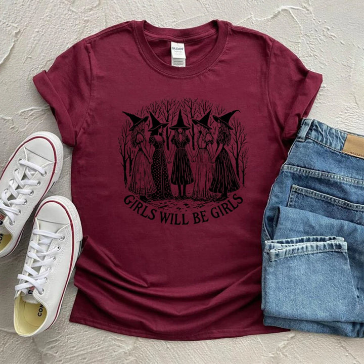 Halloween Girls Will Be Girls Witch Shirt Funny Witch Shirts Girl Power Halloween Women Vintage Clothes Witchy Vibes Tee Tops