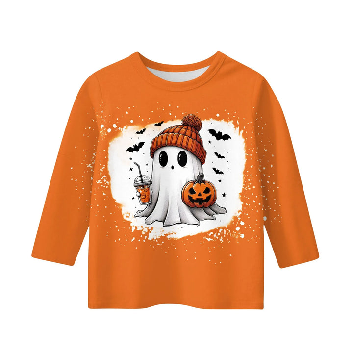 New Halloween Theme Cute Girl Printed T-shirt High Quality Three-quarter Sleeve Round Neck Tops Children Festival Birthday Gift