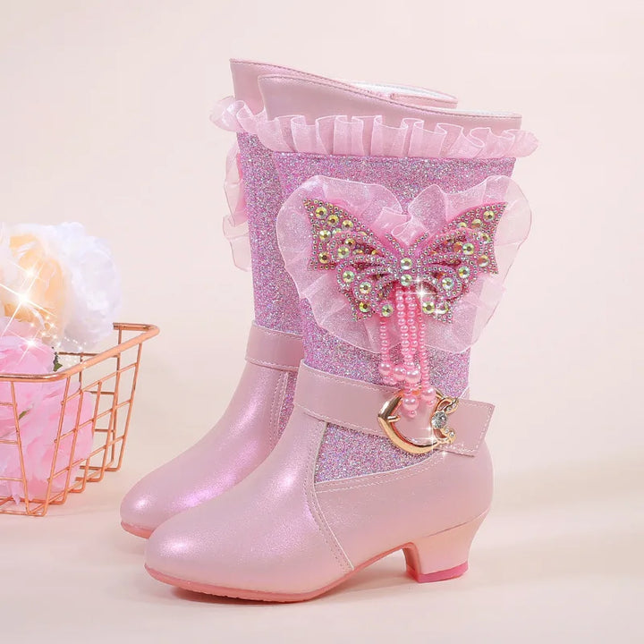 2025 Girls High Heel Boots Children's Sequins Rhindiamonds Butterfly-knot Princess Boots with Velvet Warm Mid-tube Kids Boots