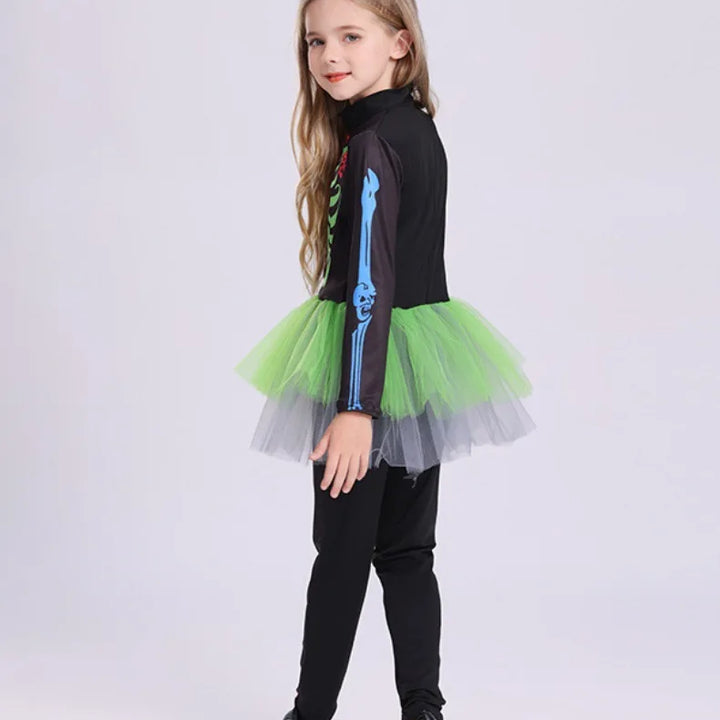 Girls Colorful Skeleton Costume – One-Piece Dress
Spooky & bright!
Fun skeleton print with a pop of color, perfect for Halloween trick-or-treating and parties.
💀 Includes: One-piece tight skirt dress up.
🎃 Perfect for Halloween parties