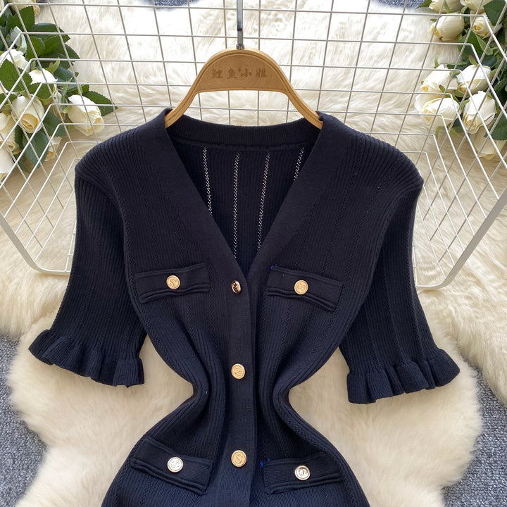 Vintage Single Breasted Women's Knitted Long Dress High Waist Short Sleeve Ruffles Straight Dress