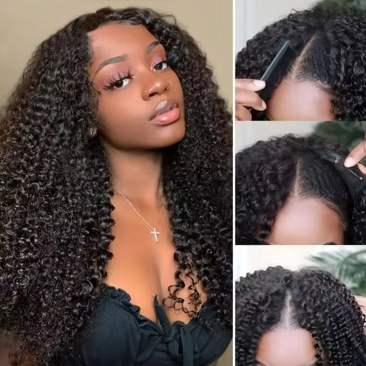 200 Density Kinky Curly V-Part Wig Human Hair No Leave Out Upgrade Deep Wave Curly V Shape Wig No Glue Clip In Half Wigs on Sale