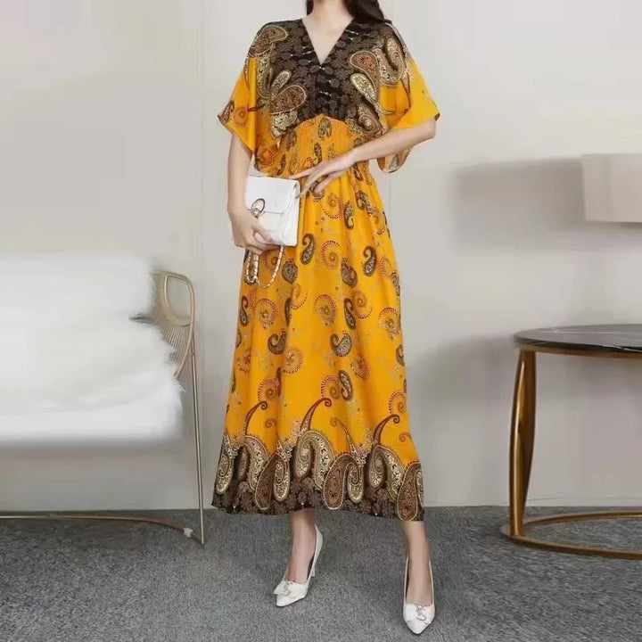 V-neck Large Skirt Hem Casual Sweet Long Dress Bat Sleeves Elastic Waist Bohemian Print Floral Elegant .