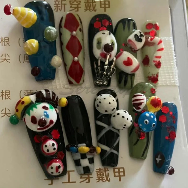 High-Quality Handmade 3D Art Press On Nails Halloween Theme Horror Clown Coffin Shape Spicy Girl Style Detachable Wear Fake Nail