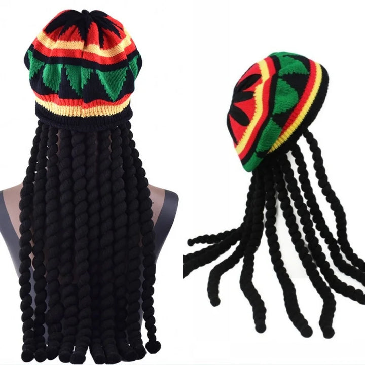 Handmade Crochet Knit False Braid Hat Jamaican Bob Rasta Beanie Cap Dreadlocks Wig Bob Marley Caribbean Fancy Dress Up Headwear