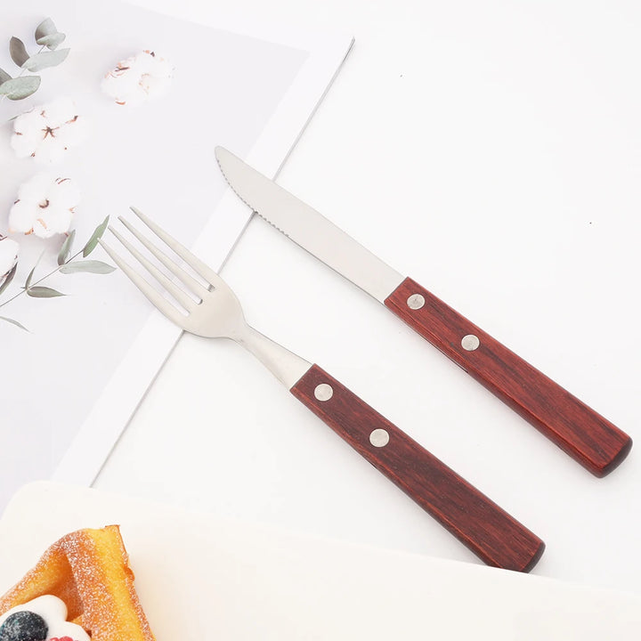 6/10Pcs flatware Set Natural Wood Handle Steak Knives Cutlery Stainless Steel Dinner Knife Dinnerware Kitchen Silverware Set