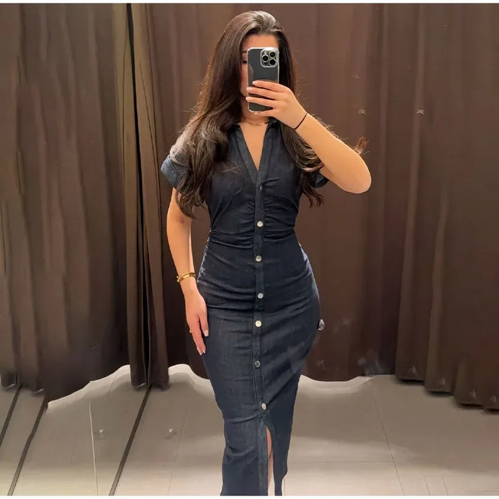 V-neck Denim Dress Fashion Slim Long Dress Chic Short Sleeves Single Button High.
