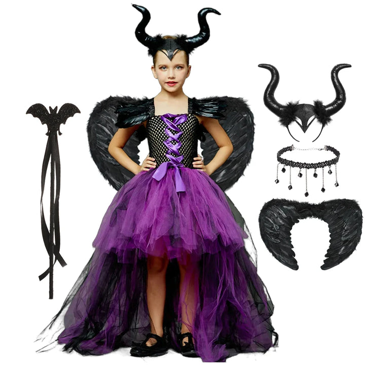 Halloween Children Costume Tulle Dress Girls Cosplay Vestidos Party Evil Queen Mesh Princess Dress Kids Crow Wand