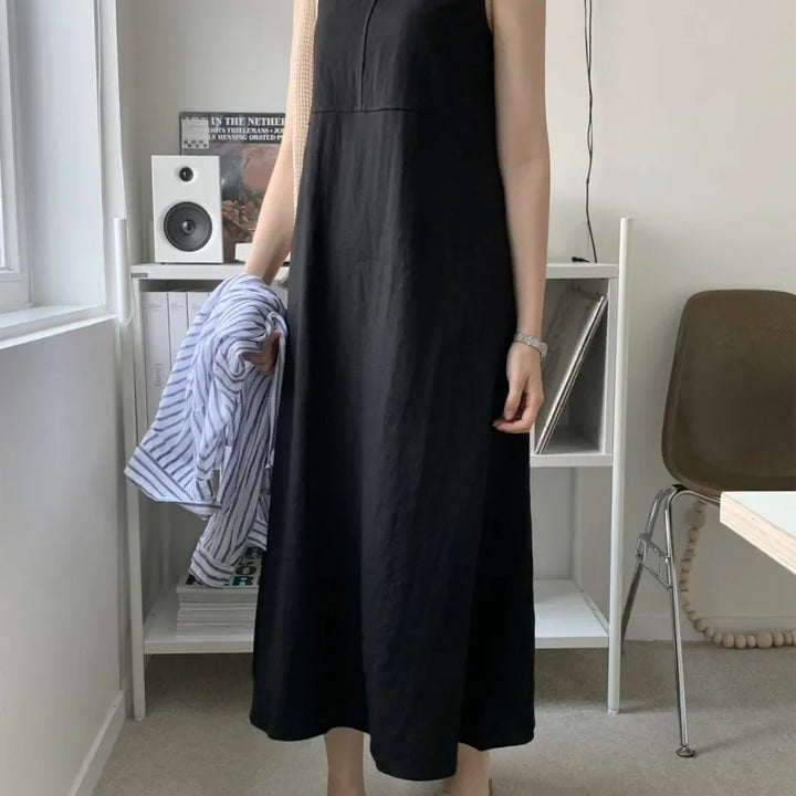 Cotton Linen Women Tank Dress Solid Sleeveless O-neck Casual Loose Straight Long .
