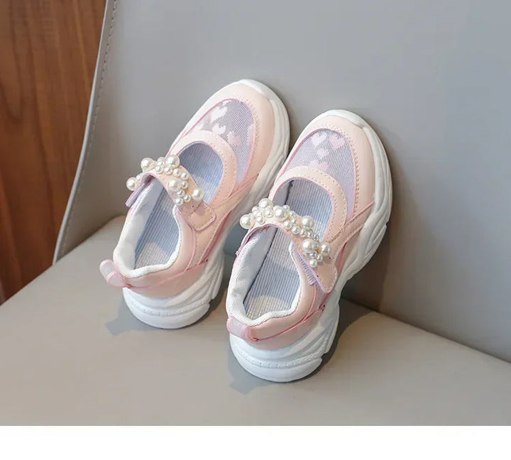 Children's Sneakers New Mesh Sports Shoes Spring Autumn Girls Fashion Shallow Breathable Pearl Tennis Kids Causal Flats