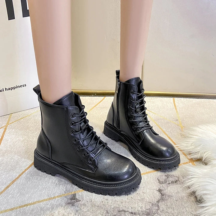 Women 2024 Autumn New Tooling Boots Lady Anti Slip Waterproof Lace Up Short Boots Students Casual Thick Heel Knight Boots