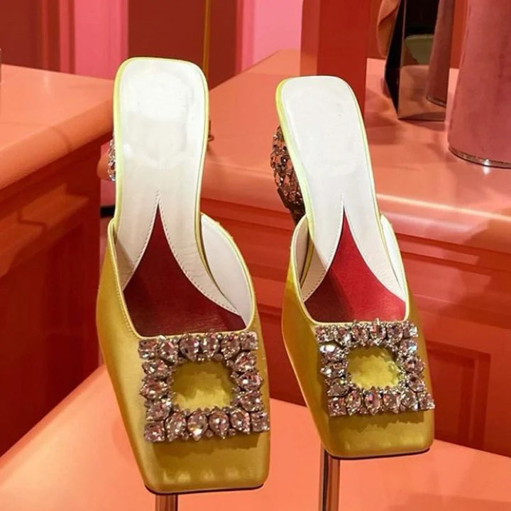 New Rhinestone Pumps Women Square Toe Slip-on Mules Female Crystal High Heels Women Dress Shoes Women sandalias de las mujeres
