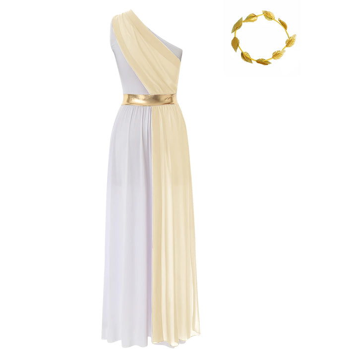 Women Halloween Ancient Greek Dress Ancient Greek Toga Costumes Robe One Shoulder Chiffon Overlay Tunic Dress with Headwear