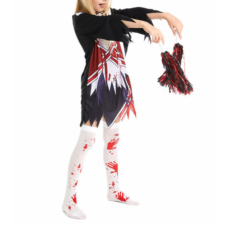 Kids Girls Halloween Party Horror Zombie Cosplay Costume Cheerleading Dance Outfits Bloody Dress with Stockings Flower Balls