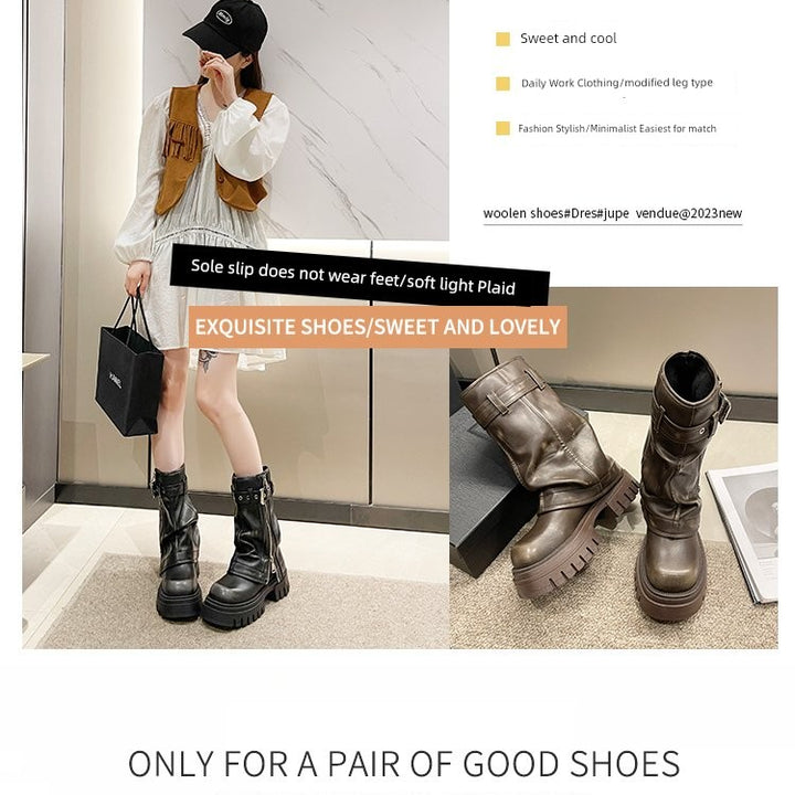 European Goods Fashion Square Toe Maillard Western Denim Sexy Style Platform Martin Boots Motorcycle Boots Pile Style Boots Women's Shoes