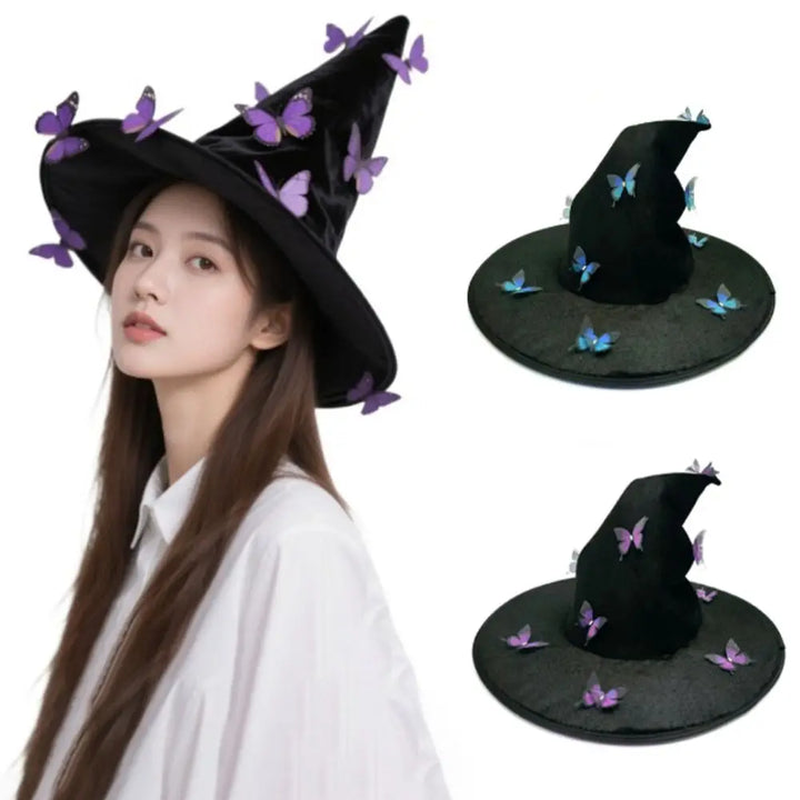 Colorful Halloween Witch Hat Velvet Party Props Butterfly Wizard Cap Cosplay Accessories Halloween Black Cap Children