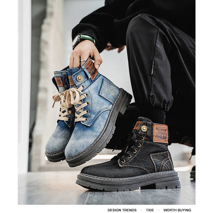 Retro Men's Platform Denim Boots High Quality Men Tooling Boots Fashion Trend Denim Versatile Casual Shoes High Top Working Shoe