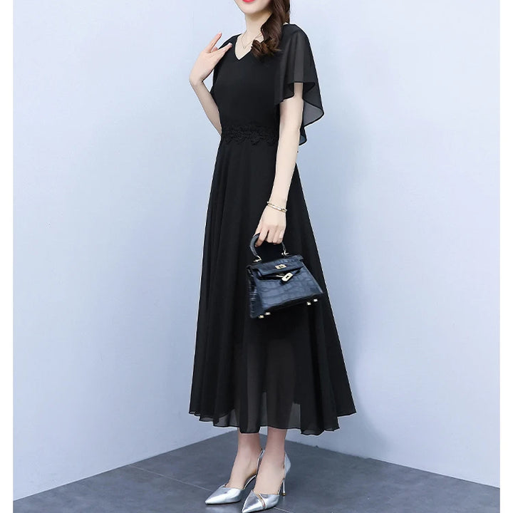 Long Elegant Dress White Chiffon /Black Butterfly Sleeve  Women Bodycon Chic Prom Night Dress