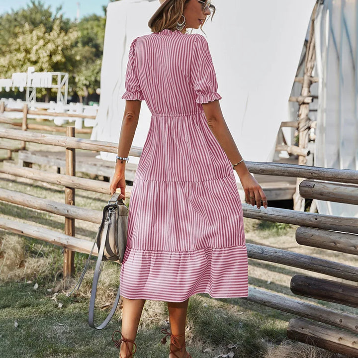 Women Elegant Striped Lantern Sleeve  Causal V-neck Button Ruffles Midi Dress.