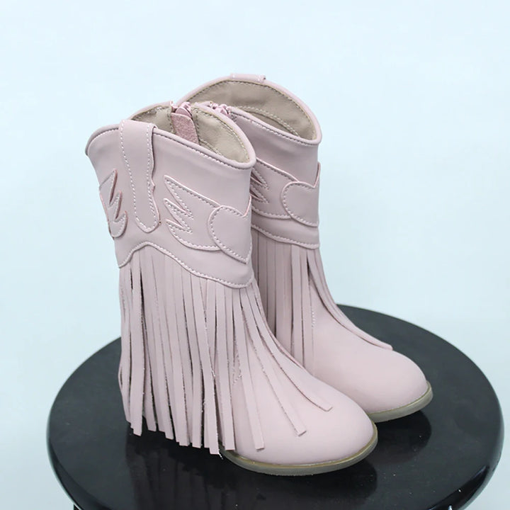 Kids Vintage Western Cowgirls Boots Leather Tassel Princess Low Heeled Knee Boots Cowboys Winter Dress Shoes New Years Christmas