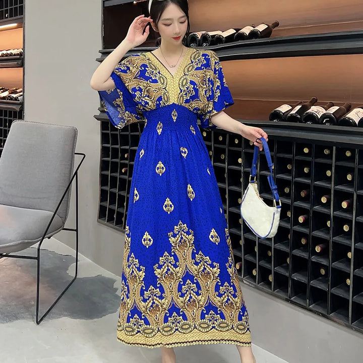 V-neck Large Skirt Hem Casual Sweet Long Dress Bat Sleeves Elastic Waist Bohemian Print Floral Elegant .
