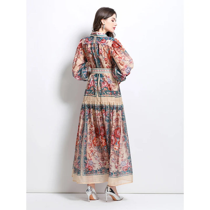 New Retro Court Printed Lapel Lantern Sleeve Cinched Waist Single Breasted Long Sleeve Elegant Long Dress