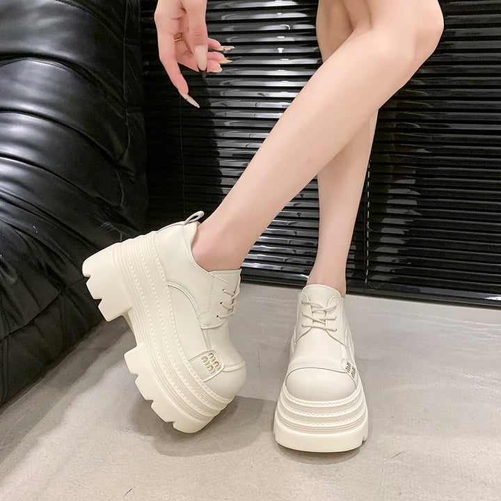 Women's Leather Sneakers New High Platform Lace-up Casual Shoes Thick Sole 10CM Heels Walking Shoes Zapatos Mujer