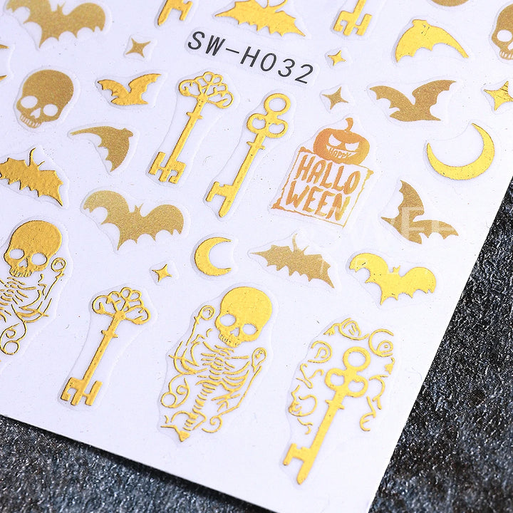 3pcs Halloween Nail Stickers Golden Skeleton Pumpkin Bat Key Nail Decal y2k Star Punk Gothic Nail Supplies Manicure Decoration