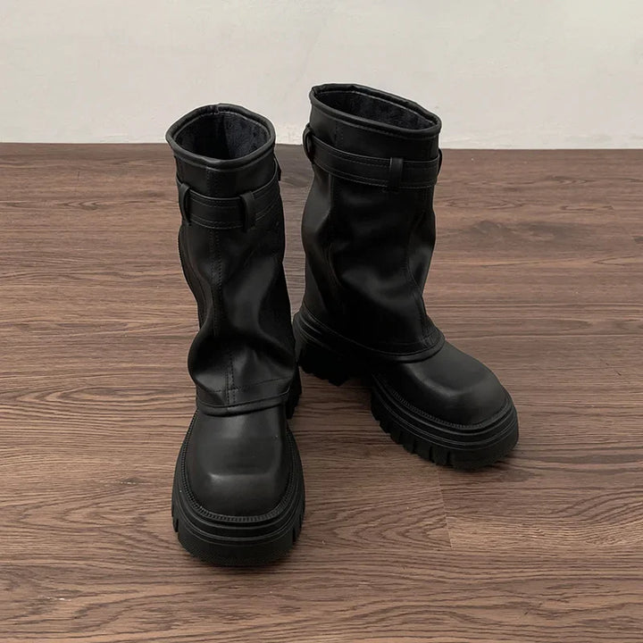 Winter Women Biker Boots Fashion Belt Buckle Ladies Elegant Platform Flats Short Booties Casual Women's Knight Booties